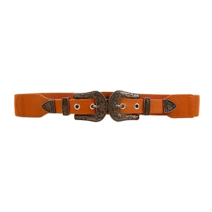 Vintage bruine elastische korsetriem met dubbele zilveren gespen voor dameskleding