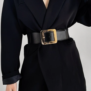 Ceinture Large Élastique pour Femmes Serre-taille en Cuir PU Grande Boucle Carrée Dorée pour Robes Costumes Accessoire Mode