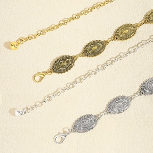 Bohemian style vintage geometric engraved metal chain belt in gold and silver finish