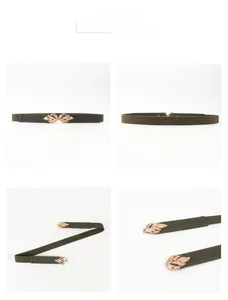 Detailed views of olive green elastic belt featuring a textured golden leaf buckle
