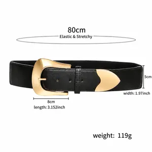 Elastischer breiter schwarzer PU-Leder Taillengürtel für Damen mit großer Gold-Schnalle