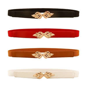 Set of four minimalist skinny elastic belts with elegant gold leaf metal buckles