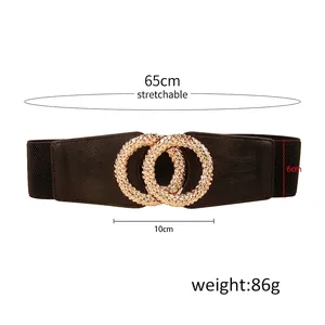 Elegant women's black elastic waist belt with textured golden double ring buckle