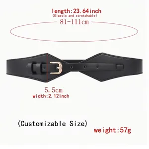 Chic wide black elastic belt for women with gold metal buckle and PU leather triangular design