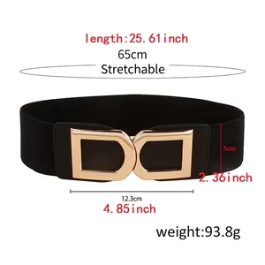 Ceinture élastique noire pour femme avec boucle double D dorée pour robe