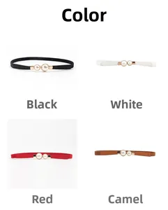 Detail view of four thin elastic waist belts in black, white, red, and camel with pearl buckles