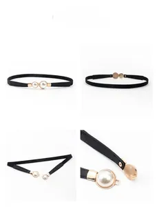 Detailed views of women's slim elastic belt with pearl buckle for dresses and blazers