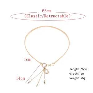 Elegant gold elastic snake chain belt with sparkling round rhinestone and tassel pendant