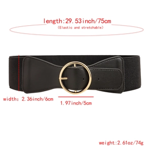 Elastic black waist belt with gold round buckle shown with dimension specifications