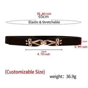 Elastic black skinny belt for women with golden hollow buckle and 2.5cm width band