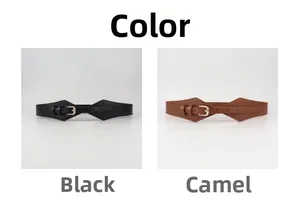 Detail view of stylish black and camel elastic waist belts with golden buckles
