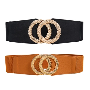 Women Elegant Wide Elastic Waist Belt With Gold Geometric Interlocking Round Metal Buckle Fashion Solid Color Accessory For Dresses Coats