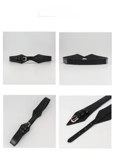 Close-up of black elastic corset belt with double diamond leather detail and gold buckle