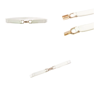 Close-up of white skinny belt with gold U-shape metal buckle and pebble grain texture