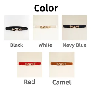 Detail showcasing five color options of thin elastic belts with gold metal buckles
