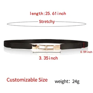 Elegant thin black elastic dress belt with a golden metal buckle for women