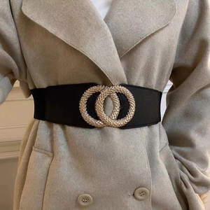 Elegant black elastic waist belt with gold textured double ring buckle for women