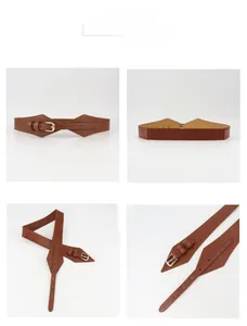 Detailed views of women's brown elastic waist belt with gold buckle and leather diamond design