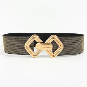 Ceinture large élastique noire et dorée pour femme avec boucle géométrique chic