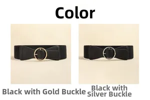 Detail of elastic waist belt showing gold and silver round metal buckles on black leather