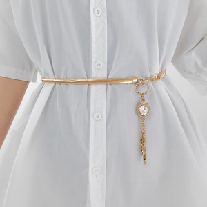 Women Elastic Gold Waist Belt Alloy Rhinestone Round Pendant Tassel Dress Belt Fashion Accessory Elegant Waistband