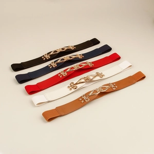 Close-up of elastic waist belts in five colors with golden wave buckle for dresses