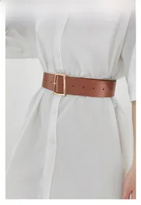 Détail d'une large ceinture marron en cuir PU avec boucle rectangulaire en métal doré