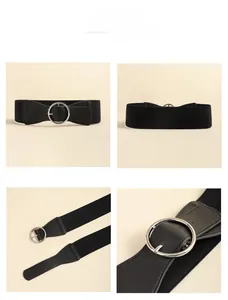 Detail shots of black elastic waist belt featuring a large silver circular metal buckle