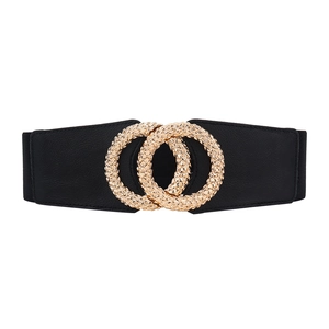 Elegant black elastic waist belt for women with textured golden interlocking metal rings