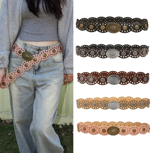 Women's Vintage Bohemian PU Leather Wide Belt Large Embossed Alloy Buckle Hollow Out Rivet Punk Waistband For Dresses Jeans