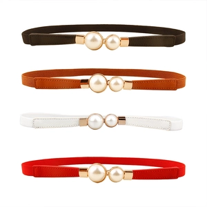 Women Skinny Elastic Waistband Featuring Double Artificial Pearl Interlocking Alloy Buckle Elegant Decoration Belt For Dress Suit Accessory