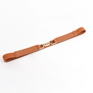 Detail view of brown elastic waist belt featuring a polished gold buckle on white background