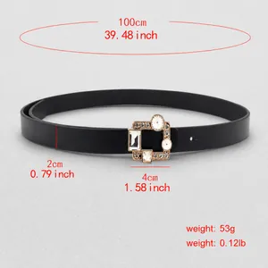 Vintage skinny PU leather belt for women featuring a sparkling rhinestone-set buckle
