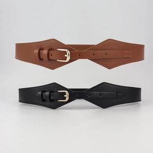 Classic wide elastic waist belt with faux leather diamond panel and gold buckle for women