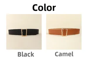 Comparaison détaillée de ceintures larges en cuir PU noir et camel avec boucles dorées