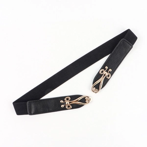 Women's thin elastic waist belt with vintage hollow gold buckle and black lycra band