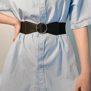 Women Fashion Wide Elastic Waist Belt Round Alloy Buckle Stretch Corset Cinch Belt For Dresses Sweaters Commuter Accessory