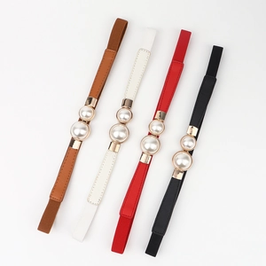 Elegant thin elastic waist belts for women with pearl buckle in black white red brown