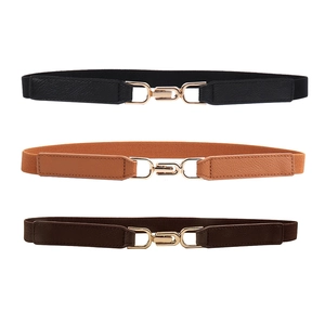 Women Skinny Elastic Belt With Gold Hook Interlock Buckle Thin Simple Waist Band For Dress Shirt Fashion Accessory