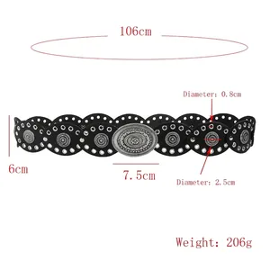 Bohemian black leather belt with oval metal studs and ornate silver buckle, 106cm long