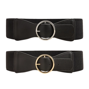Elastic black waist belts with gold and silver round buckles on white background