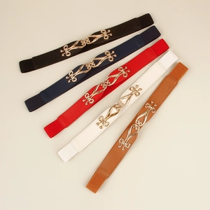 Set of five elegant women's elastic skinny belts in black, blue, red, white, and brown