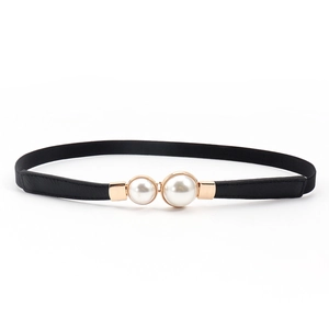 Women elastic slim belt with dual pearl gold buckle for dresses and blazers