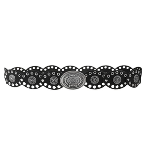 Bohemian punk black leather belt with silver oval buckle and embossed metal ornaments