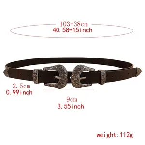 Ceinture vintage en cuir noir pour femme avec boucles argentées gravées et mesures