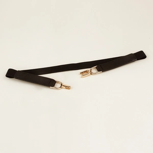 Women's black elastic waist belt with gold U-shaped metal buckle for dresses and suits