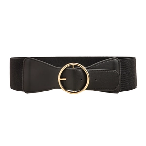 Minimalist black elastic waist belt with a round golden buckle for women's dresses