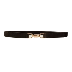 Women's minimalist black skinny elastic belt with a sleek gold interlocking metal buckle
