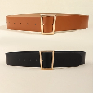 Ceintures larges en cuir PU pour femmes avec boucles trapèze dorées en noir et marron