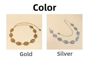 Vue détaillée des chaînes de taille vintage en métal gaufré, coloris or et argent